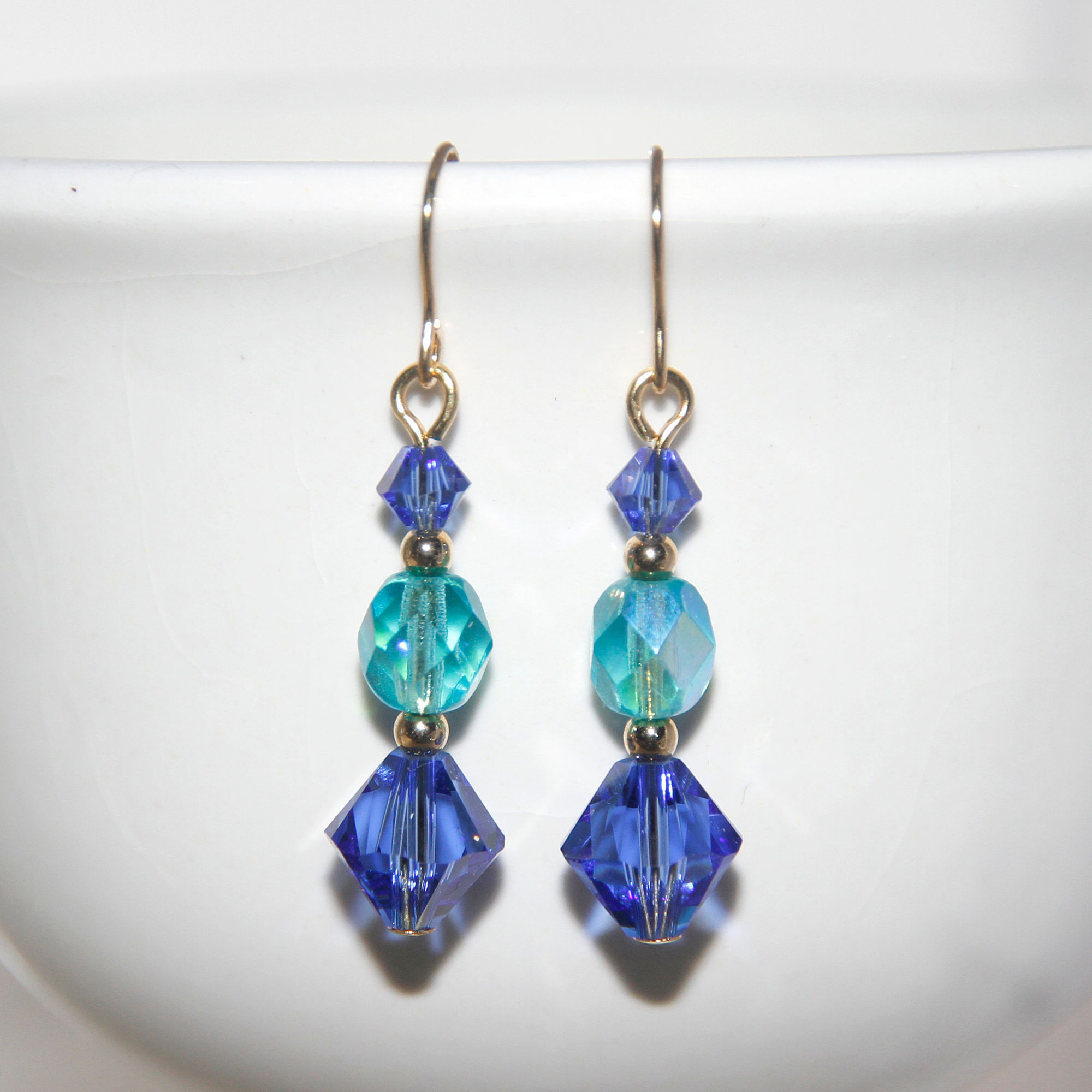 Czech Glass and Swarovski Crystal Sapphire Aqua Gold Earrings