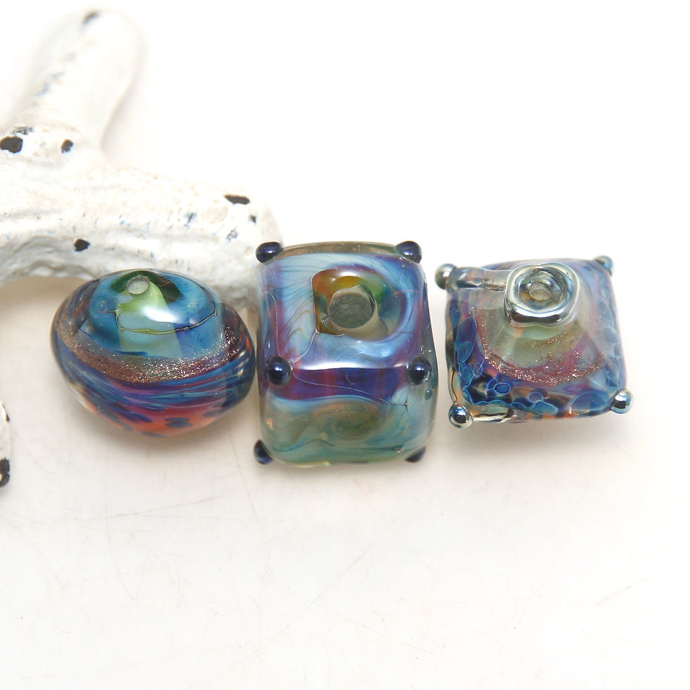 Thumbnail: Trio of Lustre Pink Green and Blue Lampwork Glass Beads