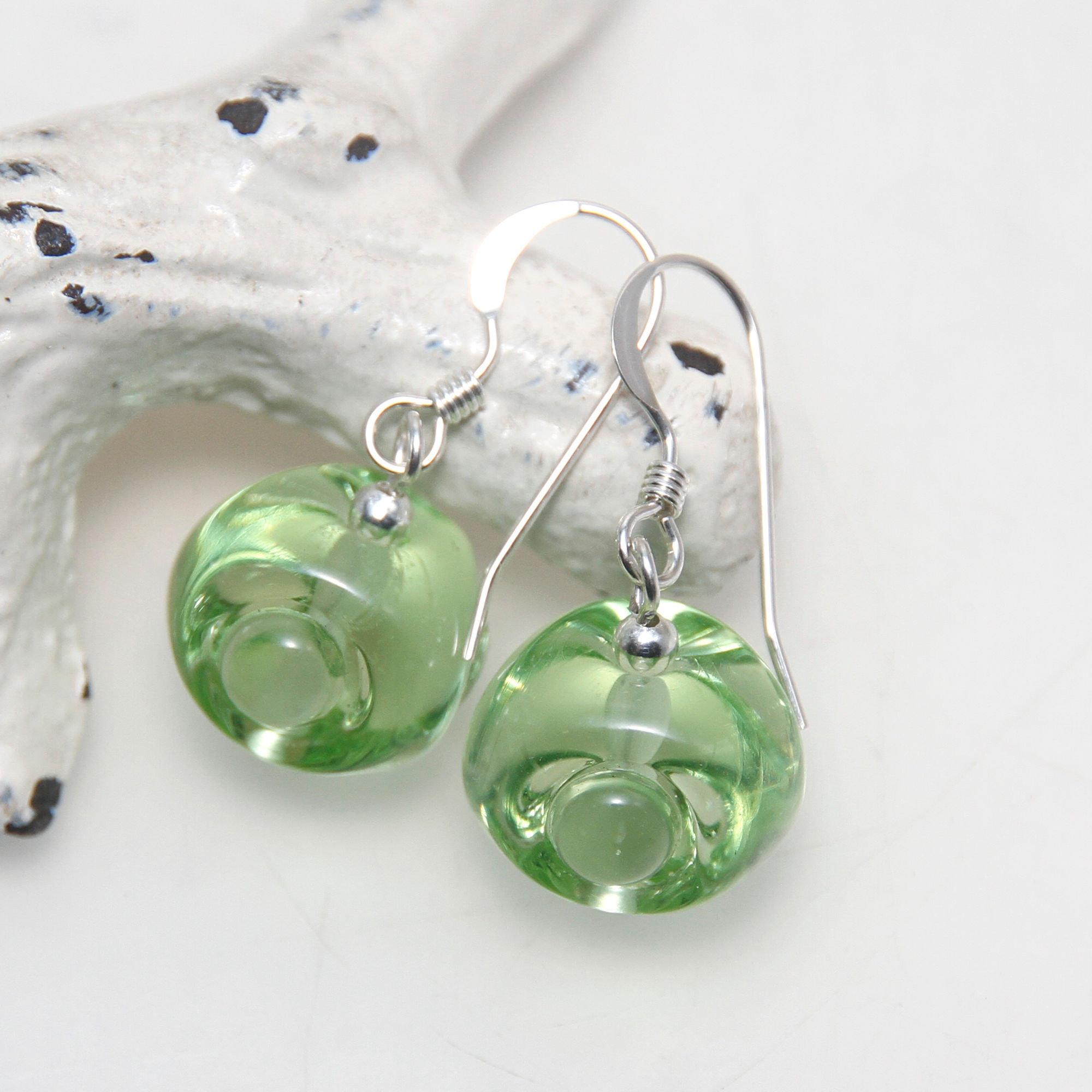 Transparent Green Lumpy Lampwork Glass Sterling Silver Earrings