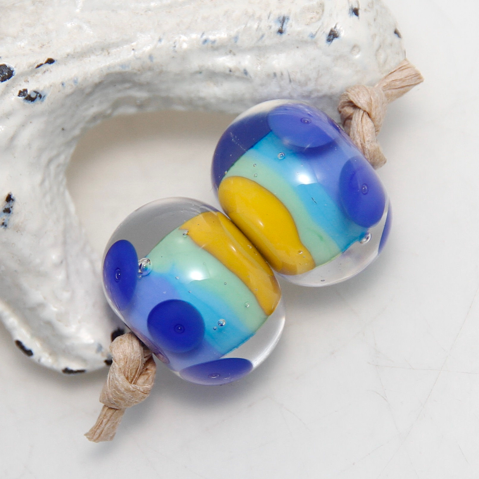 Yellow and Blue with Cobalt Dots Lampwork Glass Bead Pair