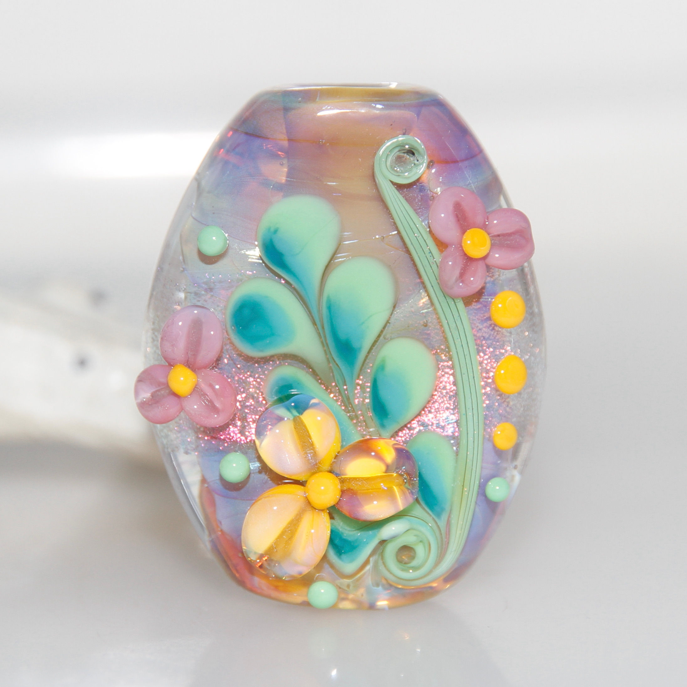 RESERVED Summer Pink and Yellow Floral Dichroic Lampwork Glass Focal Bead