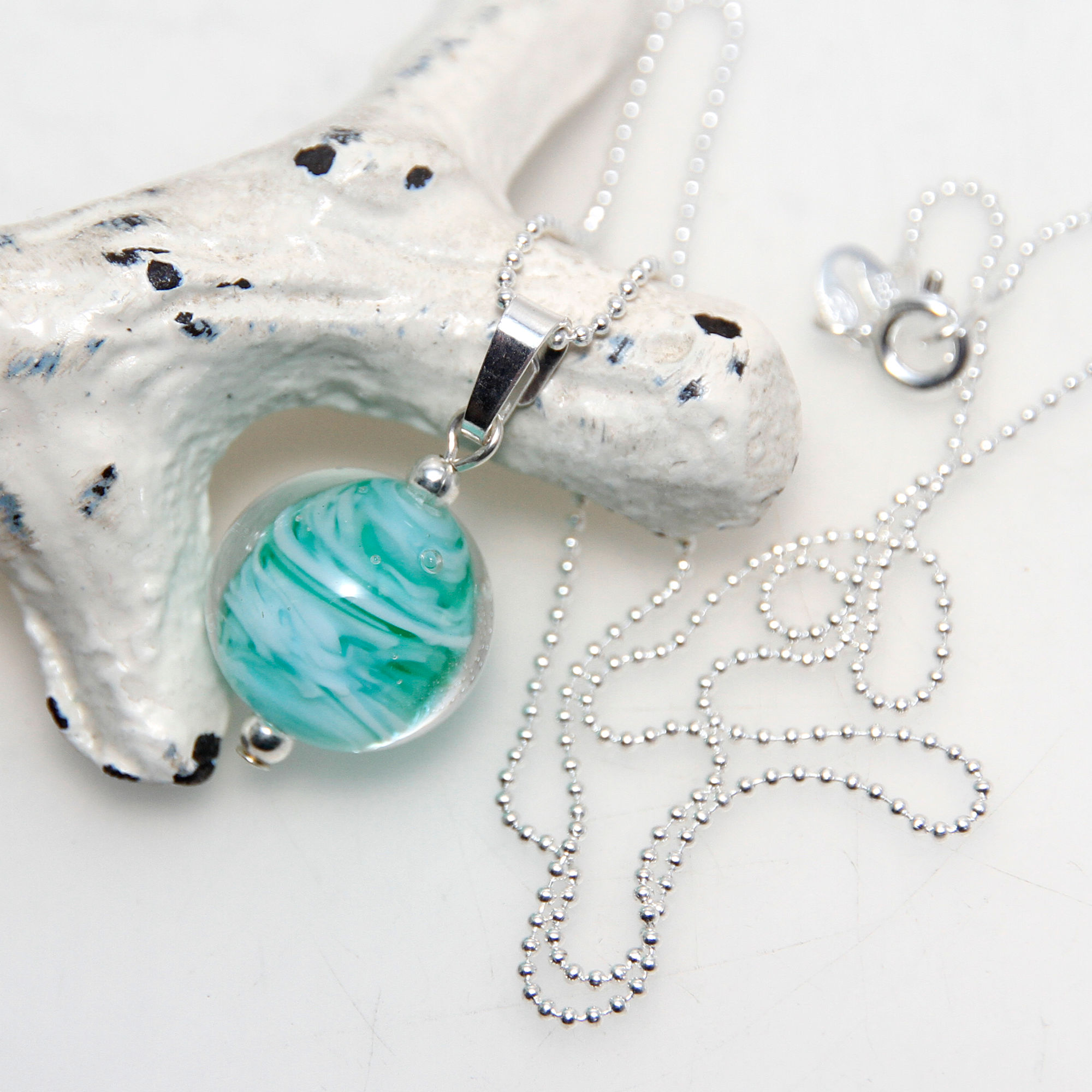 Dainty Green and White Swished Bead on Tiny Sterling Silver Necklace