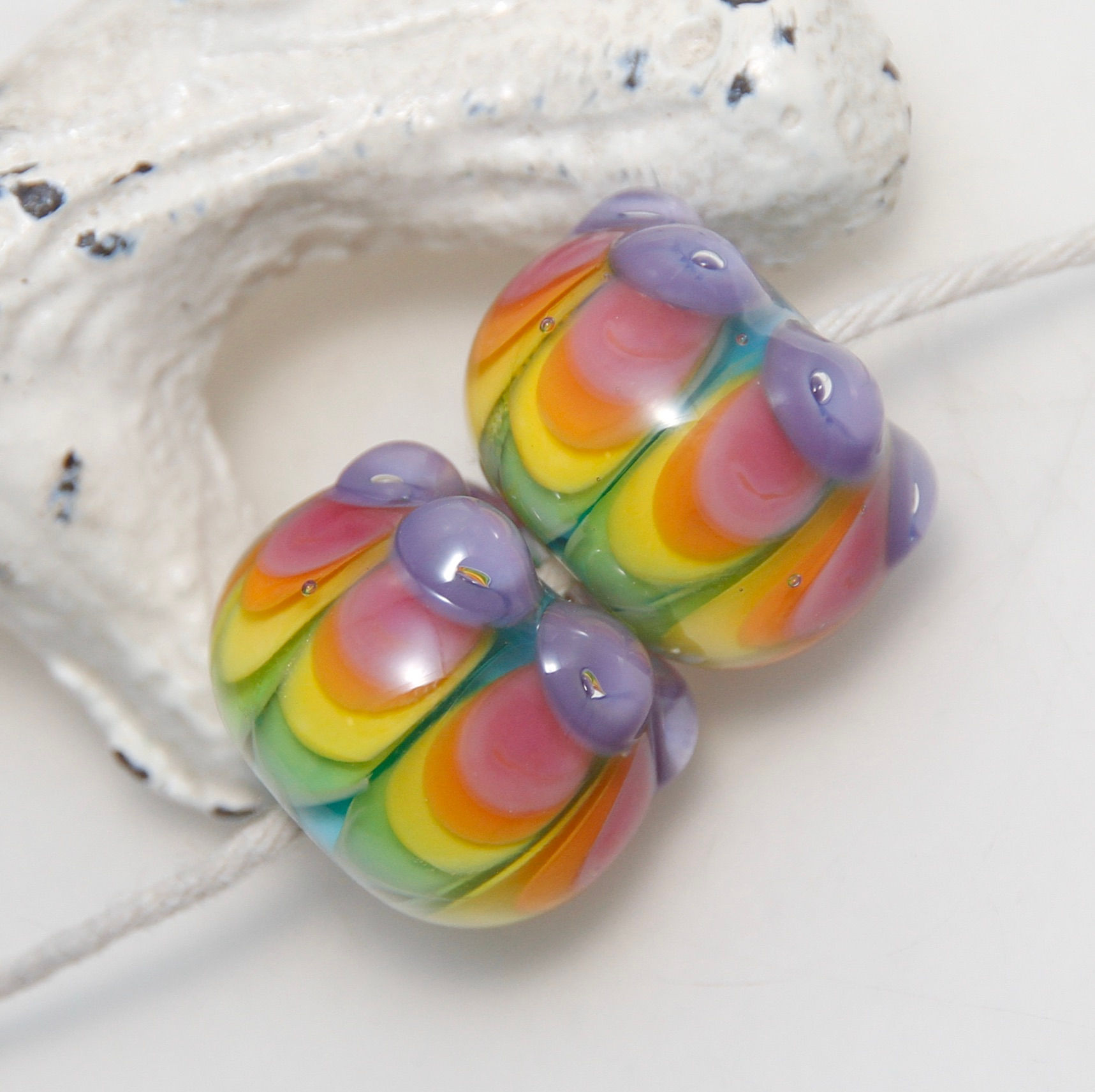 Purple Bubble Dot Pastel Rainbow Petals Layered Lampwork Glass Bead Pair