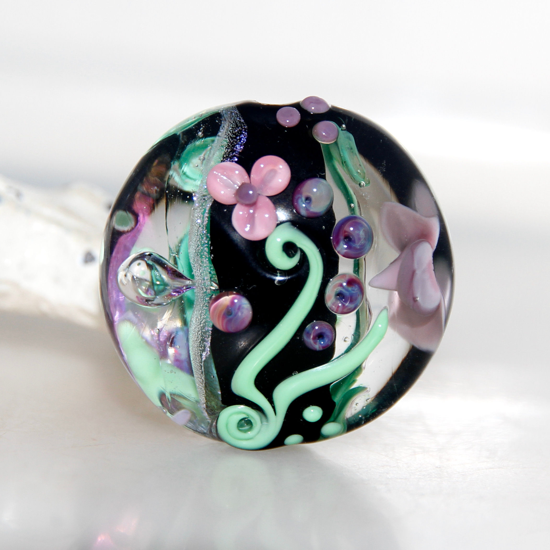 Black as Night Garden Purple Dichroic Implosion Lampwork Glass Bead