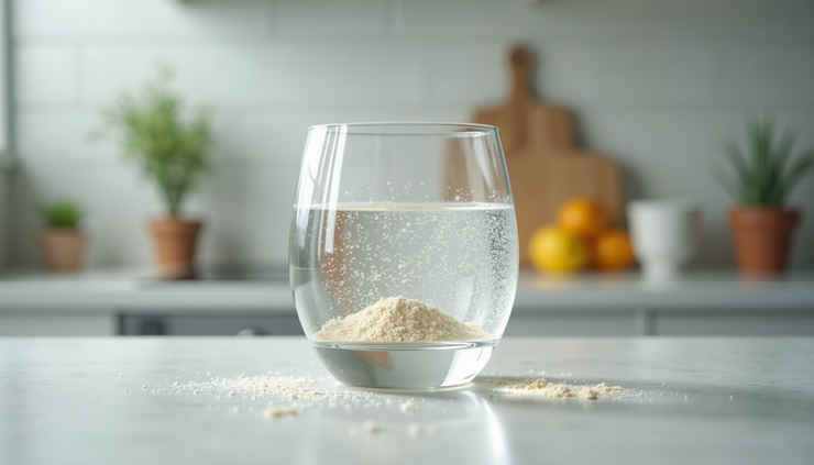 Nahaufnahme eines Glases mit Daily Plus Pulver, das in Wasser aufgelöst wird