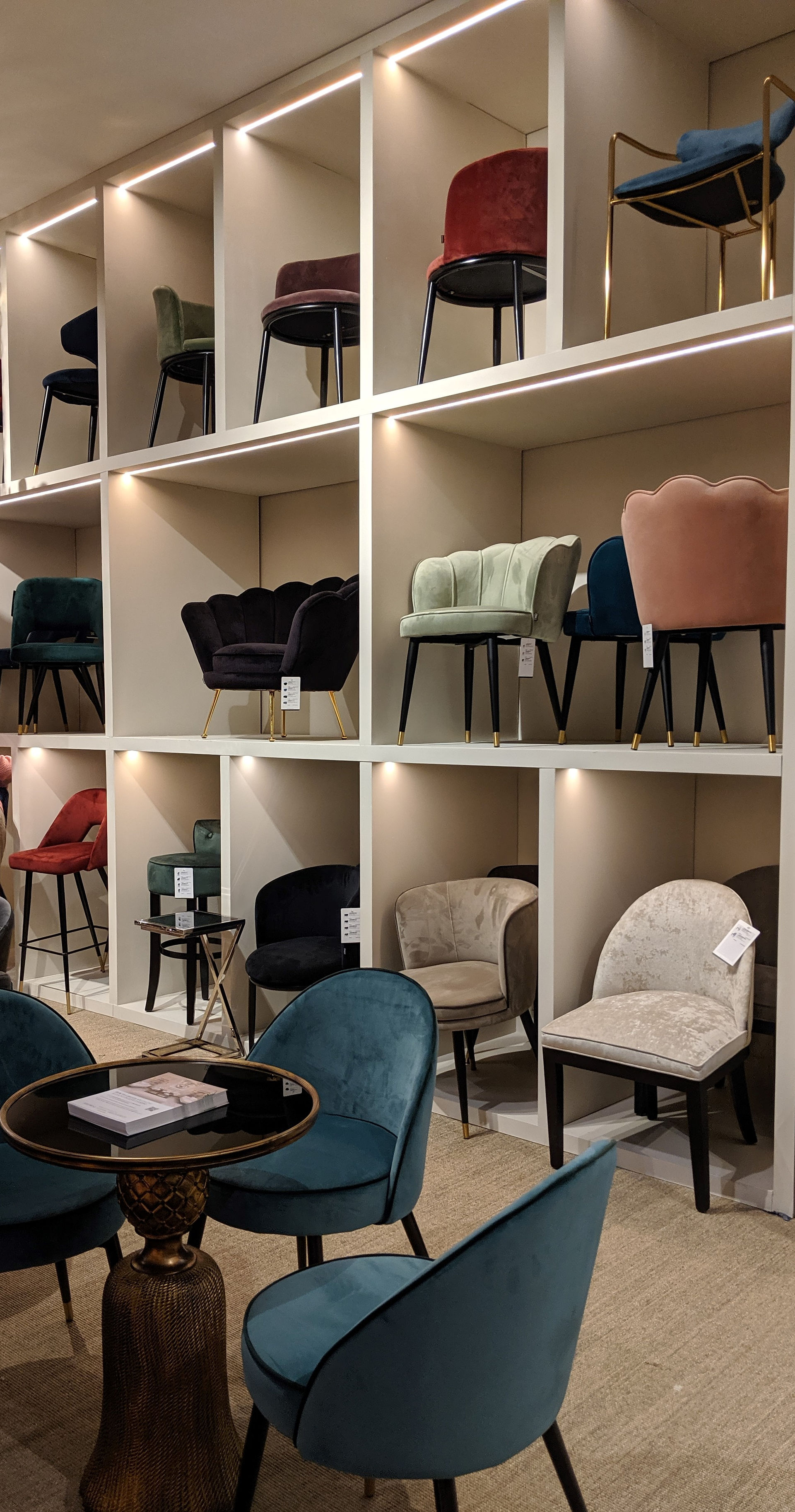 Assorted Velvet Dining Chairs on Display