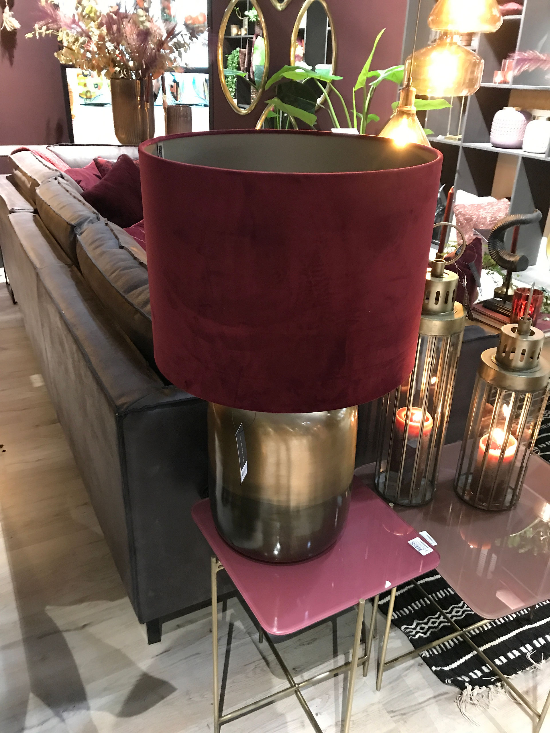 Bordeaux Velvet and Brushed Brass Table Lamp with Brass Candle Lanterns