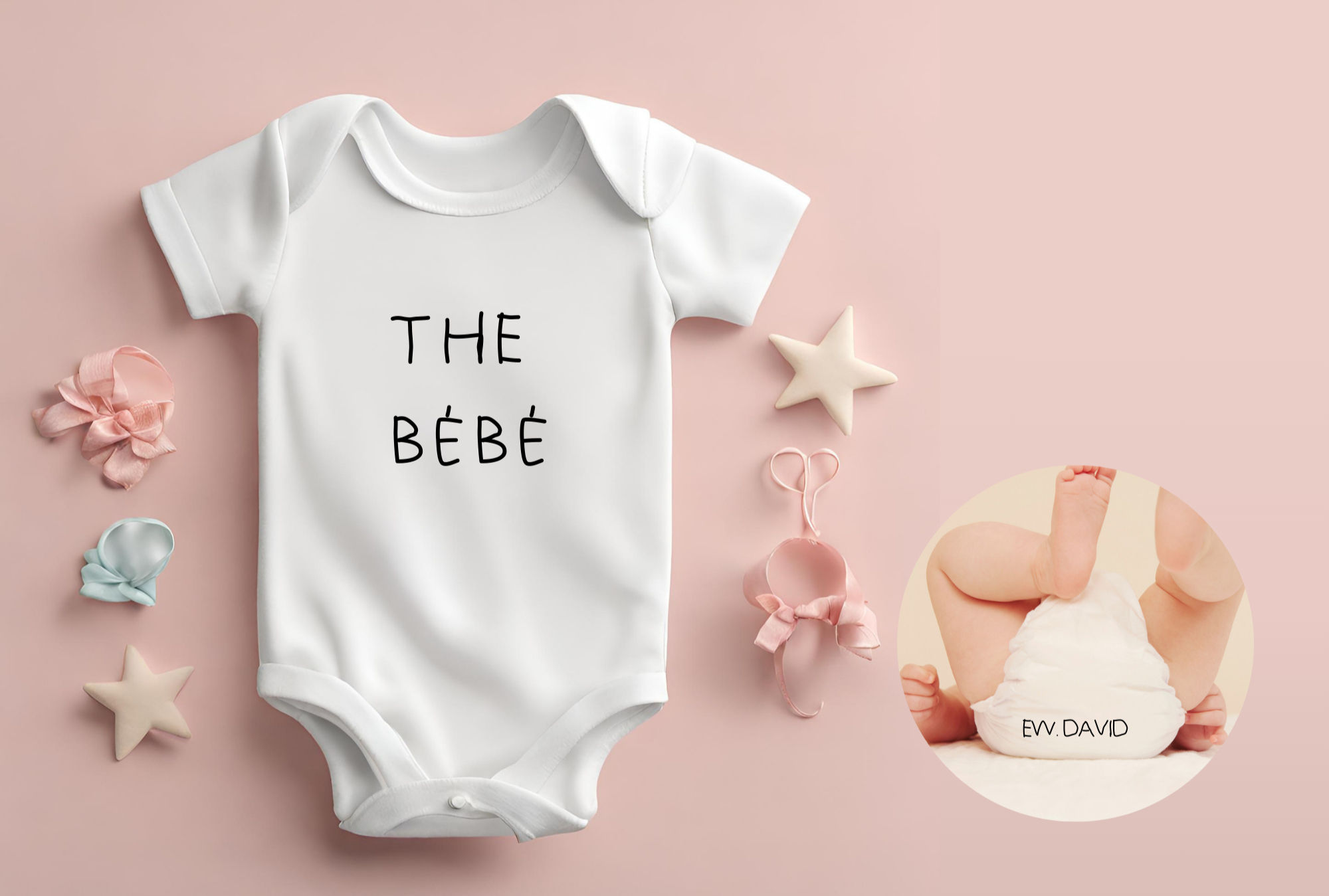 Personalised baby onesie with a quote from the TV series "Schitts Creek" where the front says "The Bebe" and the back says "Eww David"