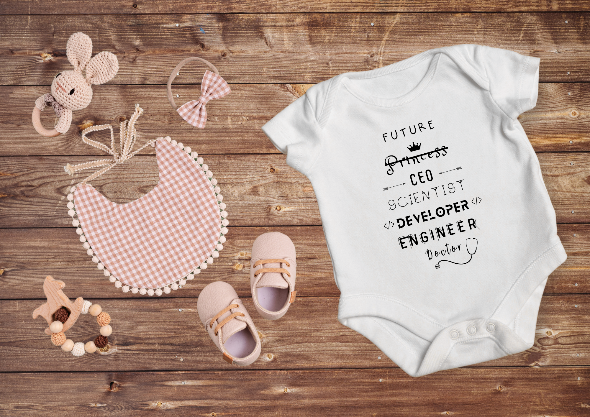Personalised baby onesie perfect for baby showers and women power where it says "future princess" with the princess crossed out and then listing all the different careers the baby could do that are typically seen as men driven jobs