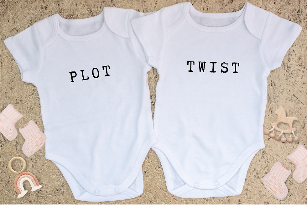 Thumbnail: Personalised baby onesie perfect for baby showers ideal for announcing pregnancy with the words "plot twist" on two onesies, perfect for twins