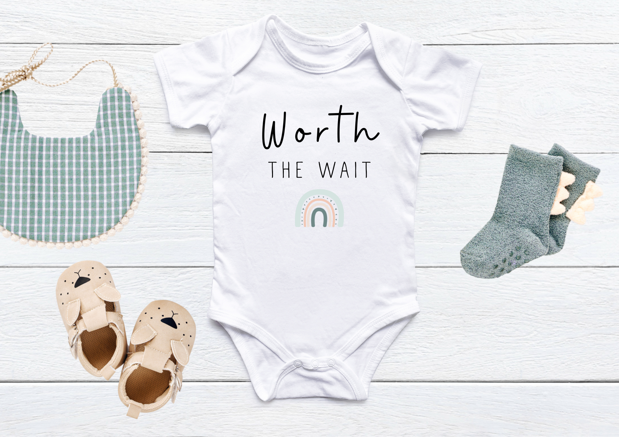 Personalised baby onesie perfect for baby showers ideal for parents who have been struggling to fall pregnant with the saying "worth the wait"