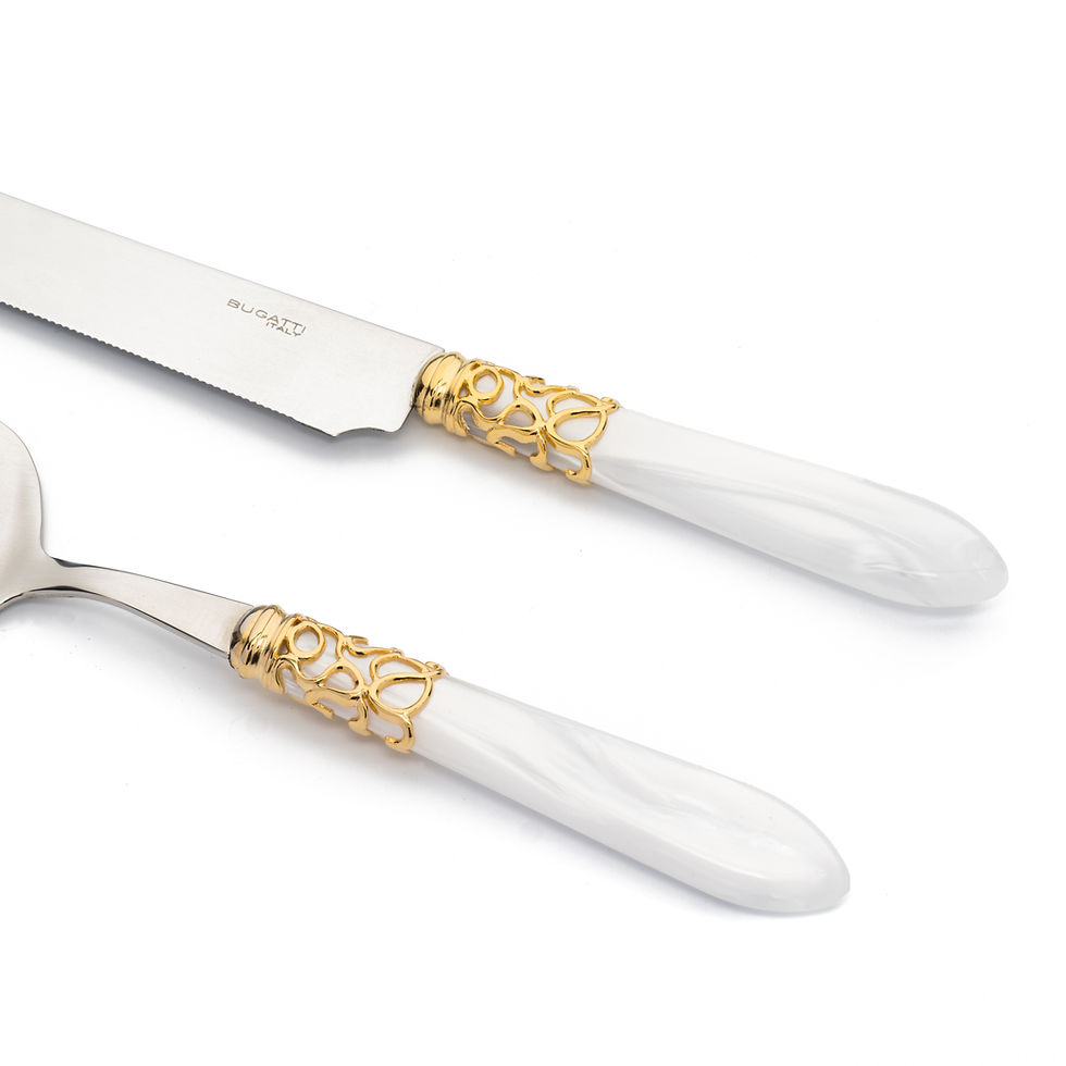 Thumbnail: Wedding Cake Bugatti Melodia Knife Server and Forks Set with White Handle and Gold Ring