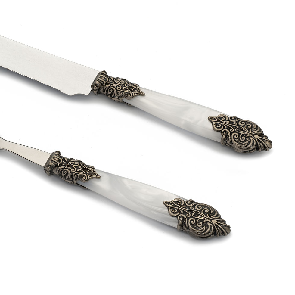 Thumbnail: Silver wedding cake cutting set with white pearl handle