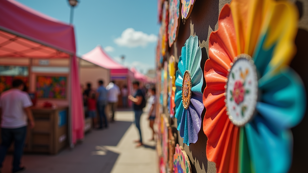 Eye-level view of a colorful fan art contest display