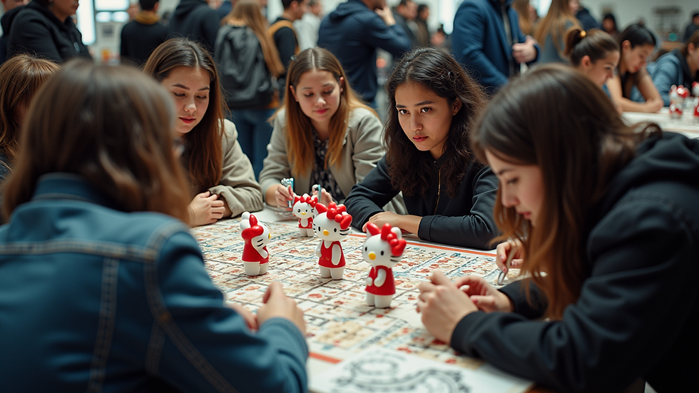 High angle view of a group of fans gathered around a table with Superkitty999 collectibles