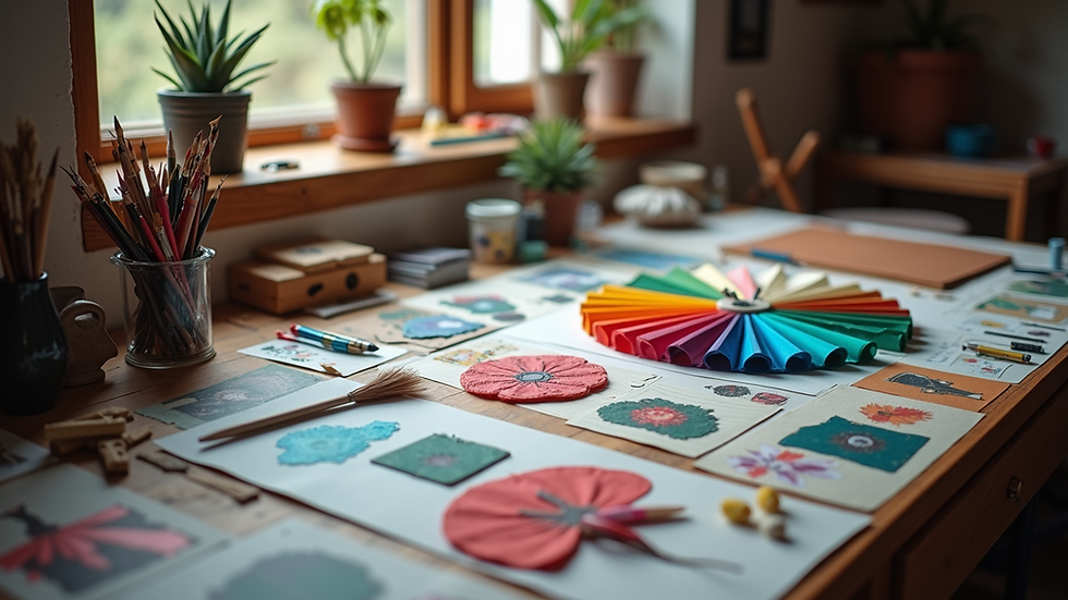 High angle view of a table with fan art supplies and craft materials
