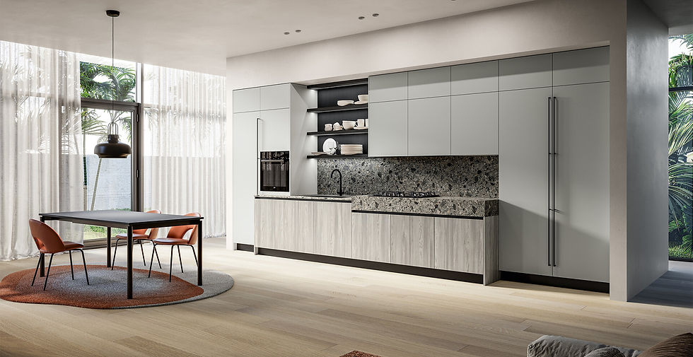 Cucina Snow moderna su misura con finiture laccato UV e laminato