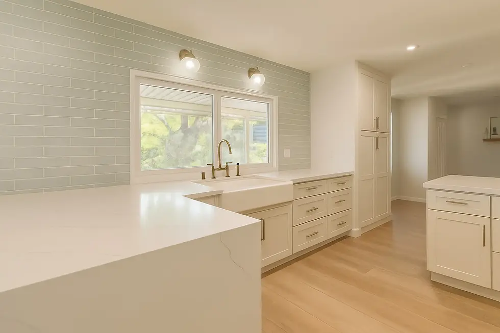 Bright modern kitchen remodel in San Marcos with white shaker cabinets, quartz countertops, farmhouse sink, blue-grey subway tile backsplash and warm wood flooring.