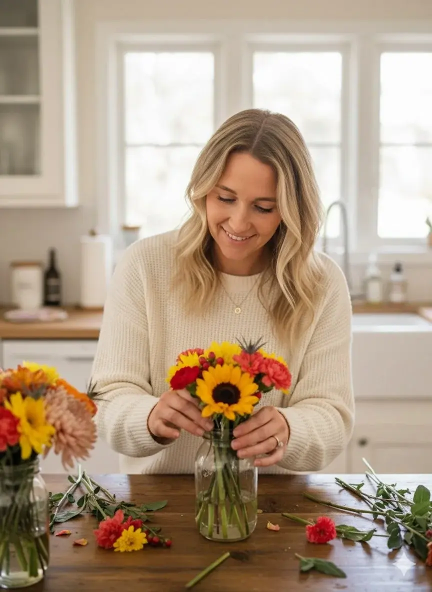 San Diego Death Doula, Kathleen Gallacher arranges flowers for hospice patients.
