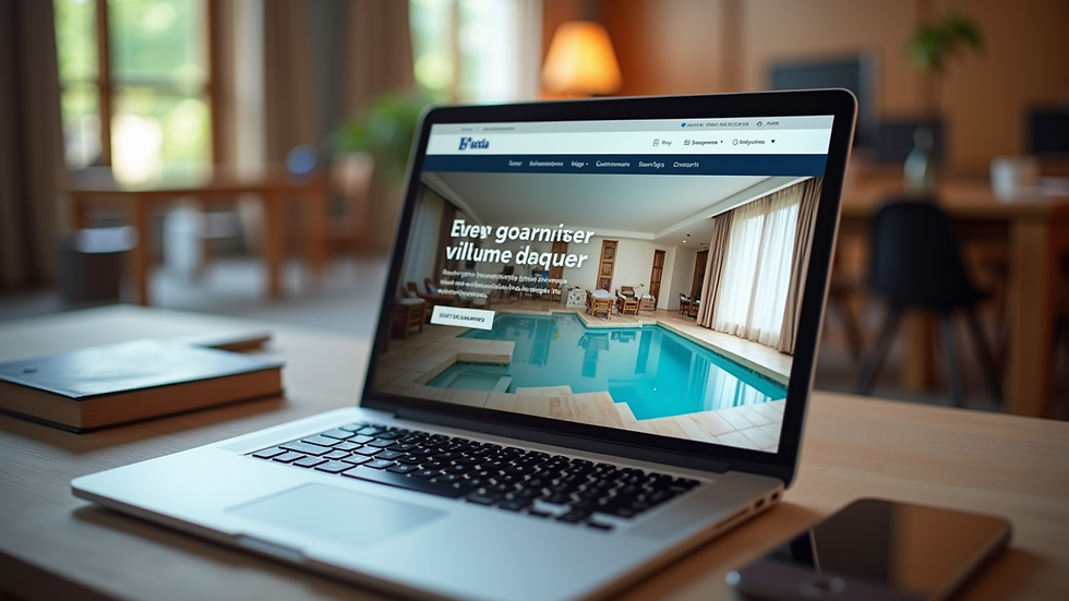 High angle view of laptop screen showing hotel booking website