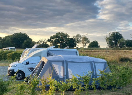 Golden hour view of peaceful camping pitches at Abbey Green Farm, overlooking Shropshire farmland and mature trees.