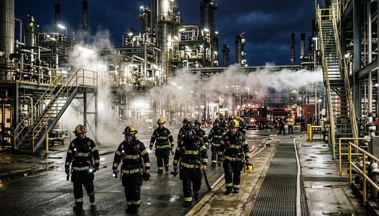 Wide-angle view of firefighters and plant responders approaching an industrial unit during a night emergency
