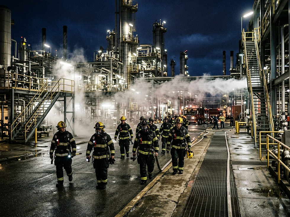 Emergency response team focused on a primary hazard while secondary risks develop nearby, illustrating cognitive tunneling and loss of situational awareness in HSE.