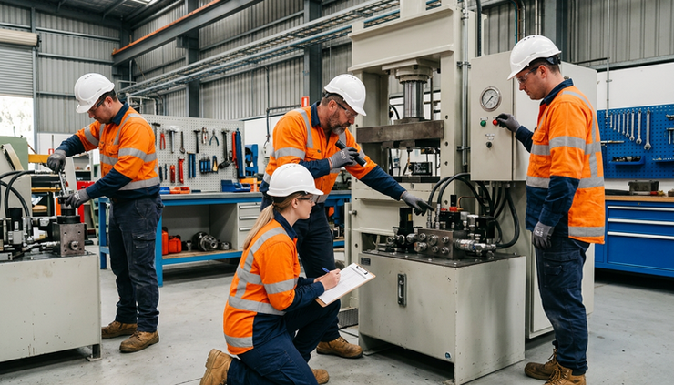 Wide-angle view of an experienced maintenance crew working near industrial equipment