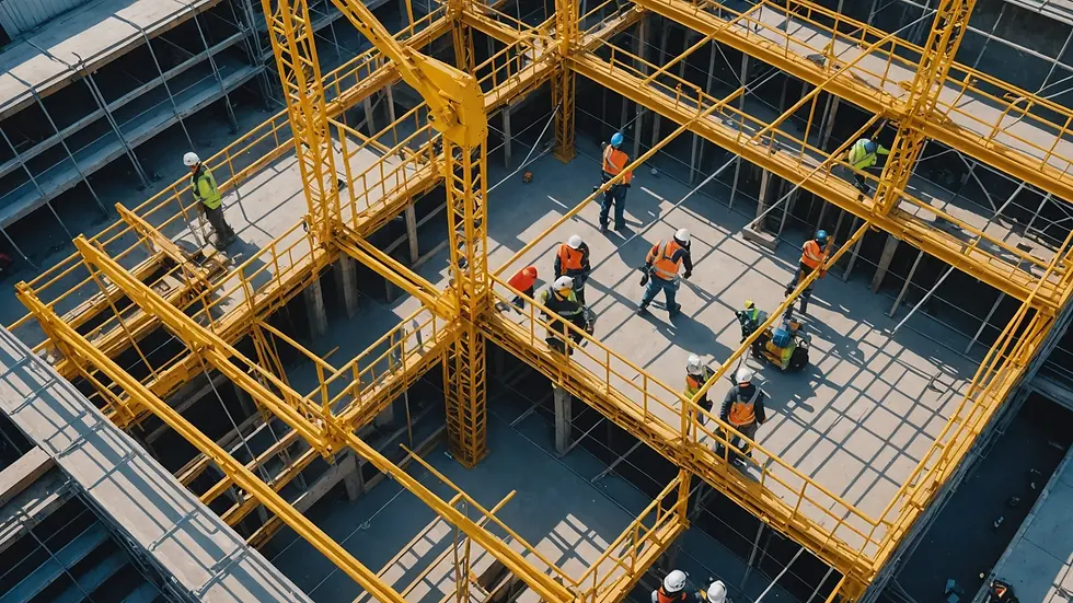 High angle view of construction site with scaffolding and safety gear