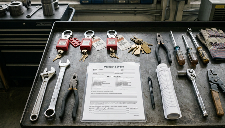 Overhead view of tools, lockout devices, and a marked work permit on a clean maintenance bench.