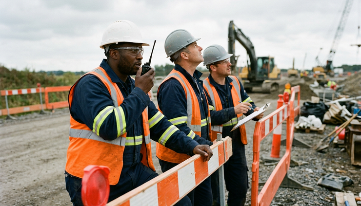 Low-angle view of a crew pausing near temporary barriers on an outdoor worksite.