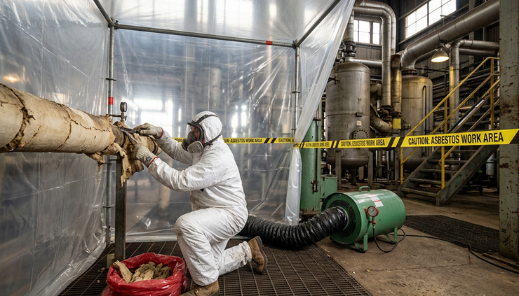 Wide-angle view of an industrial maintenance worker removing pipe insulation inside a controlled containment area