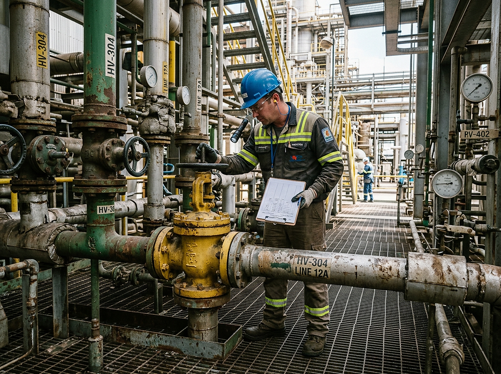 Industrial workers carrying out a task under real operating conditions, illustrating the gap between work-as-imagined in procedures and work-as-done in the field.