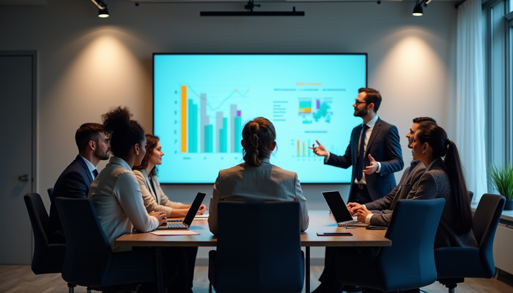 High angle view of a project team discussing ESG metrics displayed on a screen