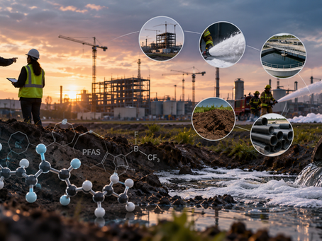 Industrial facility illustrating PFAS contamination risks associated with firefighting foam, wastewater systems, contaminated soil, and persistent chemicals that create long-term environmental liabilities.