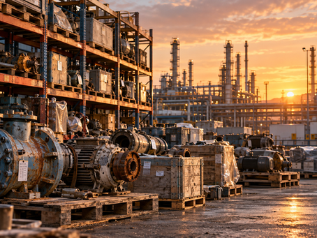 Industrial spare parts and aging mechanical equipment illustrating the environmental costs of equipment obsolescence, unused inventory, and premature asset replacement.