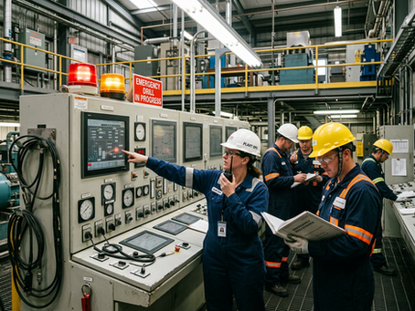 Industrial worker reacting to a sudden emergency while alarms and activity escalate around them, illustrating the startle effect, narrowed attention, and loss of situational awareness.