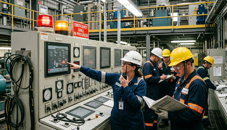 Wide-angle view of an emergency drill inside an industrial plant with workers near a control panel and safety equipment.