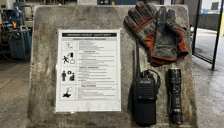 Overhead view of a laminated emergency checklist beside protective gloves and a radio on a metal surface.