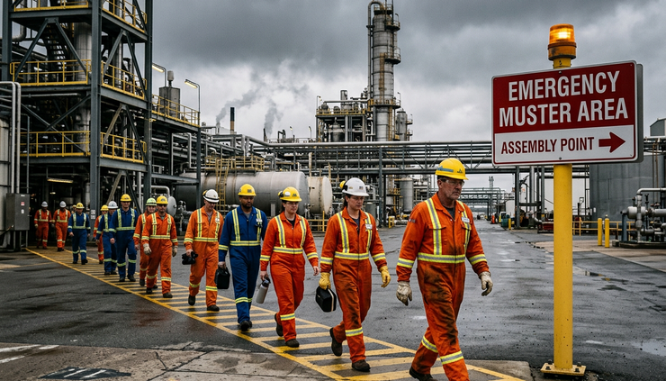 Wide-angle view of workers moving toward an outdoor muster point at an industrial site
