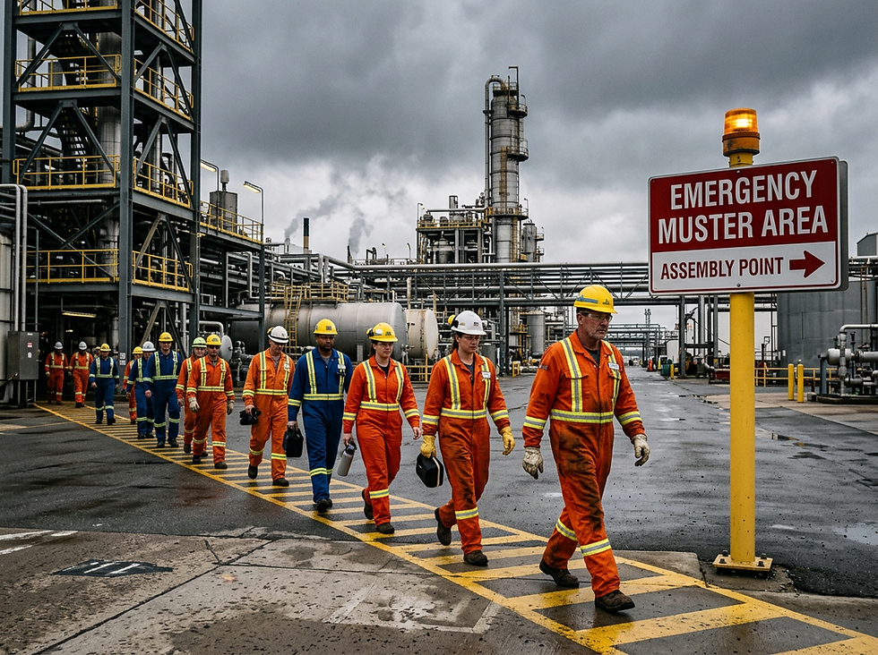 Emergency muster point at a high-risk industrial site with workers, contractors, and supervisors being accounted for during an evacuation while emergency personnel verify the missing-person list.