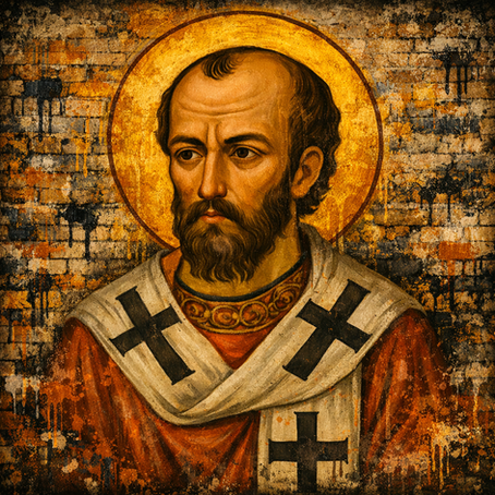 Artwork of John Chrysostom preaching and holding scripture with a golden halo