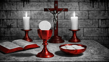 Image of crucifix on altar, along with Eucharist elements of bread and wine, sitting next to bible