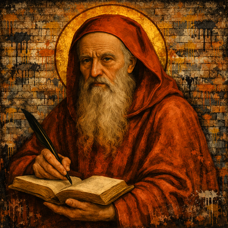 Icon of Saint Jerome translating Scripture with manuscripts