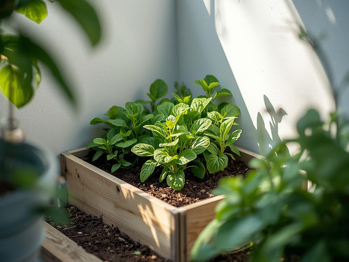 One small raised garden bed placed in a compact backyard corner with a few healthy plants.