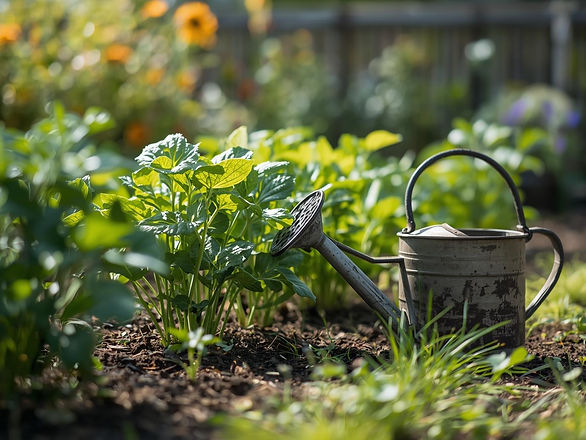 Simple summer garden with healthy plants growing steadily, watering can nearby, gentle sun