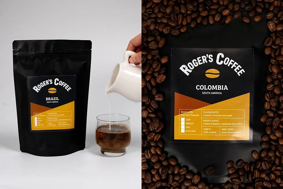 Hand Pouring Cream Into Coffee Mug Next To Roger's Coffee Pouch