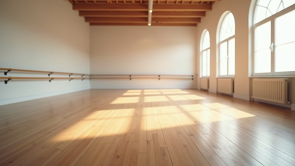 High angle view of a clean and spacious dance studio with wooden floors