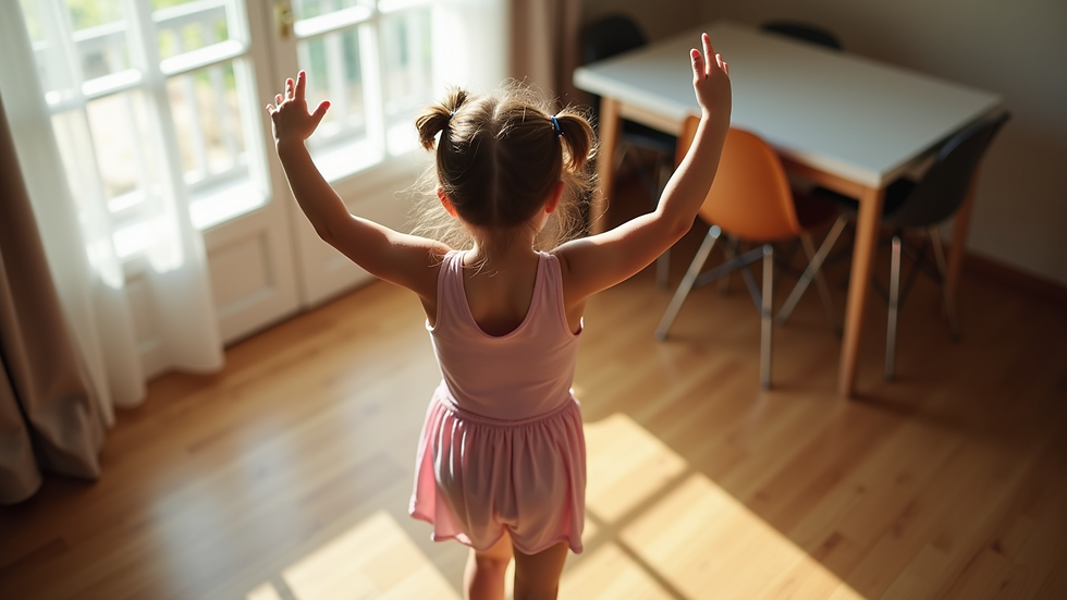 high angle view of a child practicing dance moves at home