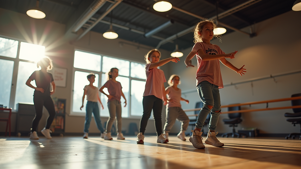 eye-level view of a dance studio with a small group of children practicing hip-hop moves